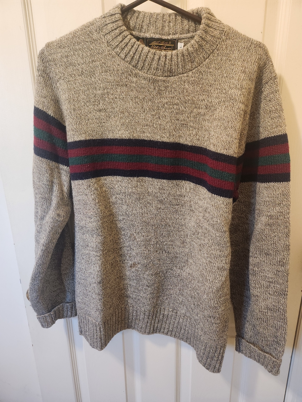 Eddie Bauer Gray Crewneck Sweater with Navy, Burgundy & Green Stripes